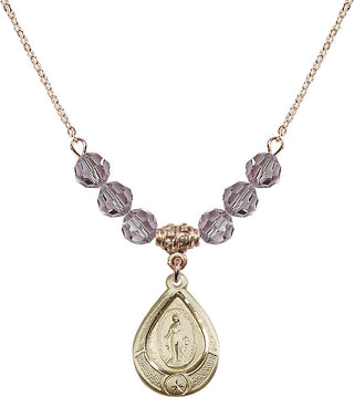 18" Hamilton Gold Plated Necklace with 4mm Light Amethyst Crystal Beads featuring a 14kt Gold Filled Miraculous Medal.