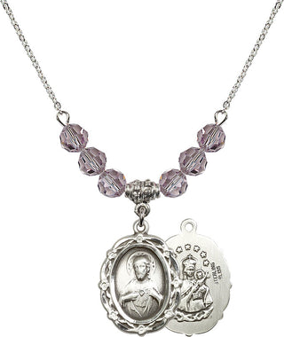 18" Rhodium Plated Necklace with 4mm Light Amethyst Crystal Beads featuring a Sterling Silver Scapular Medal.