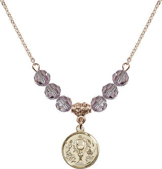 18" Hamilton Gold Plated Necklace with 4mm Light Amethyst Crystal Beads featuring a 14kt Gold Filled Communion Chalice Medal.