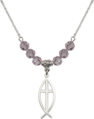 18" Rhodium Plated Necklace with 4mm Light Amethyst Crystal Beads featuring a Sterling Silver Fish / Cross Medal.
