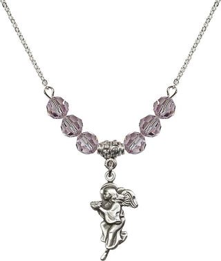 18" Rhodium Plated Necklace with 4mm Light Amethyst Crystal Beads featuring a Sterling Silver Guardian Angel Medal.
