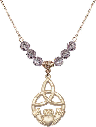 18" Hamilton Gold Plated Necklace with 4mm Light Amethyst Crystal Beads featuring a 14kt Gold Filled Irish Knot / Claddagh Medal.