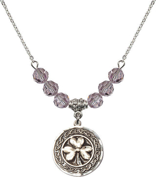 18" Rhodium Plated Necklace with 4mm Light Amethyst Crystal Beads featuring a Sterling Silver Shamrock with Celtic Border Medal.