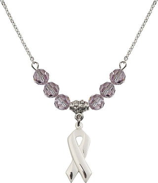18" Rhodium Plated Necklace with 4mm Light Amethyst Crystal Beads featuring a Sterling Silver Cancer Awareness Medal.