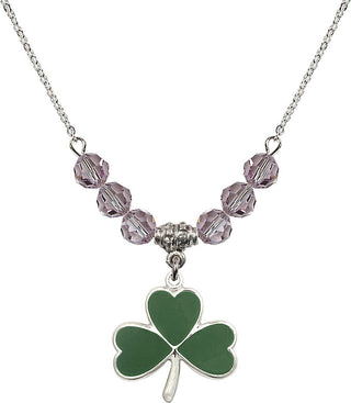 18" Rhodium Plated Necklace with 4mm Light Amethyst Crystal Beads featuring a Sterling Silver Shamrock Medal.