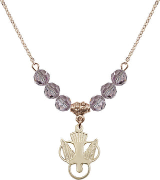 18" Hamilton Gold Plated Necklace with 4mm Light Amethyst Crystal Beads featuring a 14kt Gold Filled Holy Spirit Medal.