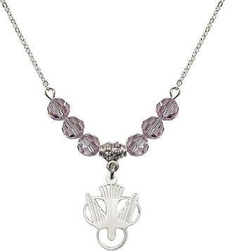 18" Rhodium Plated Necklace with 4mm Light Amethyst Crystal Beads featuring a Sterling Silver Holy Spirit Medal.