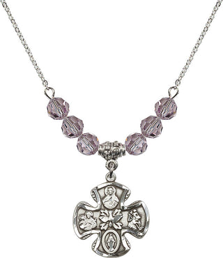 18" Rhodium Plated Necklace with 4mm Light Amethyst Crystal Beads featuring a Sterling Silver 5-Way Medal.