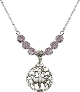 18" Rhodium Plated Necklace with 4mm Light Amethyst Crystal Beads featuring a Sterling Silver Holy Spirit Medal.