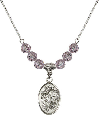 18" Rhodium Plated Necklace with 4mm Light Amethyst Crystal Beads featuring a Sterling Silver Miraculous Medal.