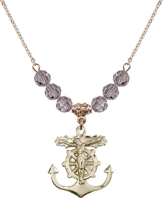 18" Hamilton Gold Plated Necklace with 4mm Light Amethyst Crystal Beads featuring a 14kt Gold Filled Anchor Crucifix Medal.
