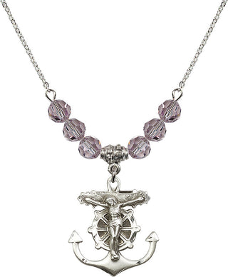 18" Rhodium Plated Necklace with 4mm Light Amethyst Crystal Beads featuring a Sterling Silver Anchor Crucifix Medal.
