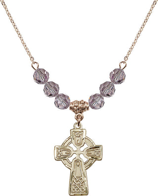 18" Hamilton Gold Plated Necklace with 4mm Light Amethyst Crystal Beads featuring a 14kt Gold Filled Celtic Cross Medal.