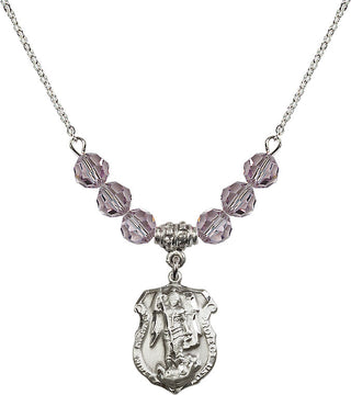 18" Rhodium Plated Necklace with 4mm Light Amethyst Crystal Beads featuring a Sterling Silver Saint Michael the Archangel Medal. Engraved Catholic Saint Jewelry