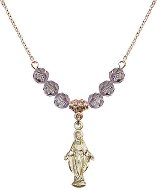18" Hamilton Gold Plated Necklace with 4mm Light Amethyst Crystal Beads featuring a 14kt Gold Filled Miraculous Medal.