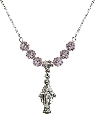 18" Rhodium Plated Necklace with 4mm Light Amethyst Crystal Beads featuring a Sterling Silver Miraculous Medal.