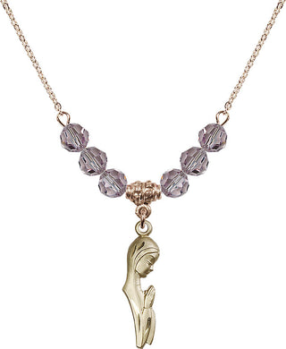 18" Hamilton Gold Plated Necklace with 4mm Light Amethyst Crystal Beads featuring a 14kt Gold Filled Madonna Medal.