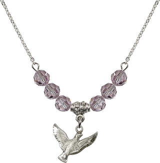 18" Rhodium Plated Necklace with 4mm Light Amethyst Crystal Beads featuring a Sterling Silver Holy Spirit Medal.
