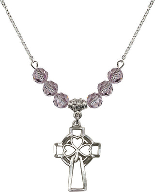 18" Rhodium Plated Necklace with 4mm Light Amethyst Crystal Beads featuring a Sterling Silver Shamrock Cross Medal.