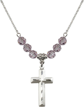 18" Rhodium Plated Necklace with 4mm Light Amethyst Crystal Beads featuring a Sterling Silver Cross Medal. Engraved Catholic Saint Jewelry