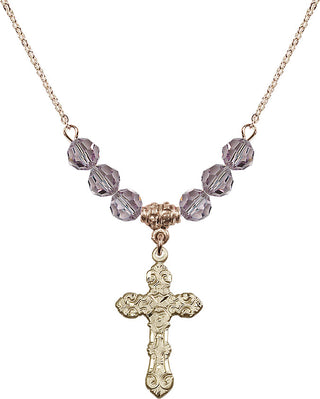 18" Hamilton Gold Plated Necklace with 4mm Light Amethyst Crystal Beads featuring a 14kt Gold Filled Cross Medal. Engraved Catholic Saint Jewelry