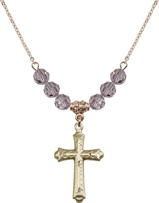 18" Hamilton Gold Plated Necklace with 4mm Light Amethyst Crystal Beads featuring a 14kt Gold Filled Cross Medal. Engraved Catholic Saint Jewelry