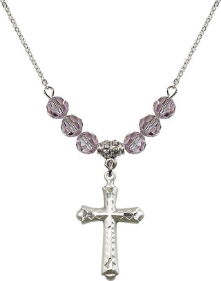 18" Rhodium Plated Necklace with 4mm Light Amethyst Crystal Beads featuring a Sterling Silver Cross Medal. Engraved Catholic Saint Jewelry