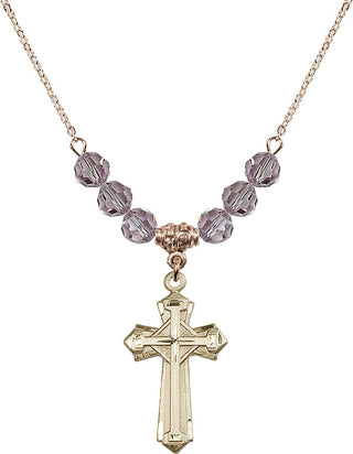 18" Hamilton Gold Plated Necklace with 4mm Light Amethyst Crystal Beads featuring a 14kt Gold Filled Cross Medal. Engraved Catholic Saint Jewelry