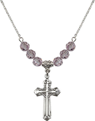 18" Rhodium Plated Necklace with 4mm Light Amethyst Crystal Beads featuring a Sterling Silver Cross Medal. Engraved Catholic Saint Jewelry