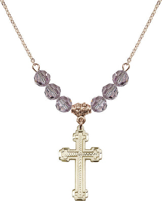 18" Hamilton Gold Plated Necklace with 4mm Light Amethyst Crystal Beads featuring a 14kt Gold Filled Cross Medal.