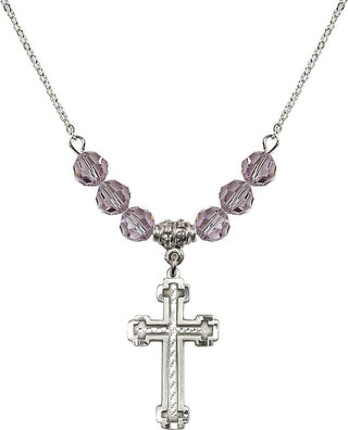 18" Rhodium Plated Necklace with 4mm Light Amethyst Crystal Beads featuring a Sterling Silver Cross Medal.