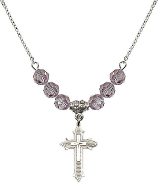 18" Rhodium Plated Necklace with 4mm Light Amethyst Crystal Beads featuring a Sterling Silver Cross on Cross Medal. Engraved Catholic Saint Jewelry