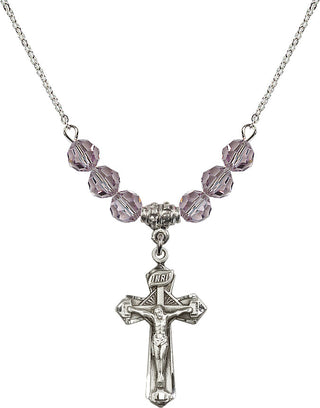 18" Rhodium Plated Necklace with 4mm Light Amethyst Crystal Beads featuring a Sterling Silver Crucifix Medal.