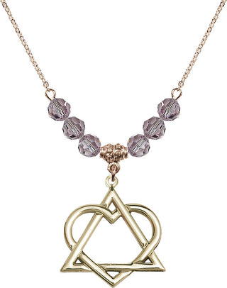 18" Hamilton Gold Plated Necklace with 4mm Light Amethyst Crystal Beads featuring a 14kt Gold Filled Adoption Heart Medal.