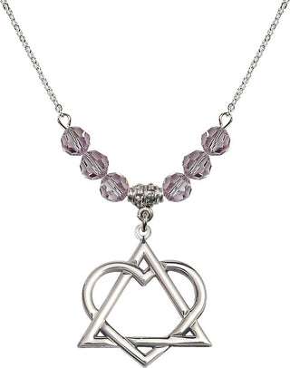 18" Rhodium Plated Necklace with 4mm Light Amethyst Crystal Beads featuring a Sterling Silver Adoption Heart Medal.