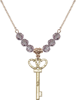 18" Hamilton Gold Plated Necklace with 4mm Light Amethyst Crystal Beads featuring a 14kt Gold Filled Small Key w/Double Hearts Medal.