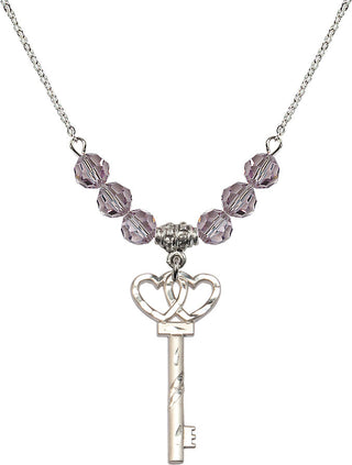 18" Rhodium Plated Necklace with 4mm Light Amethyst Crystal Beads featuring a Sterling Silver Small Key w/Double Hearts Medal.