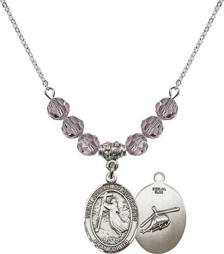 18" Rhodium Plated Necklace with 4mm Light Amethyst Crystal Beads featuring a Sterling Silver Saint Joseph of Cupertino/Heleco Medal.