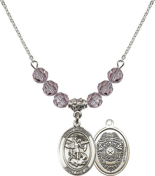 18" Rhodium Plated Necklace with 4mm Light Amethyst Crystal Beads featuring a Sterling Silver Saint Michael the Archangel Medal.