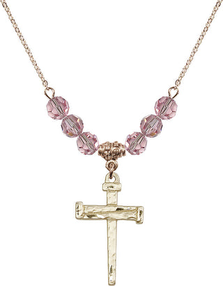 18" Hamilton Gold Plated Necklace with 4mm Light Rose Crystal Beads featuring a 14kt Gold Filled Nail Cross Medal.