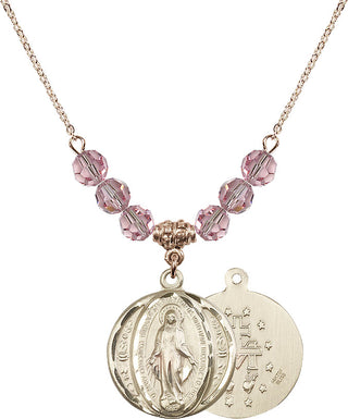 18" Hamilton Gold Plated Necklace with 4mm Light Rose Crystal Beads featuring a 14kt Gold Filled Miraculous Medal.