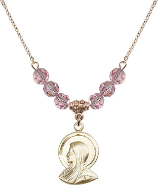 18" Hamilton Gold Plated Necklace with 4mm Light Rose Crystal Beads featuring a 14kt Gold Filled Madonna Medal.
