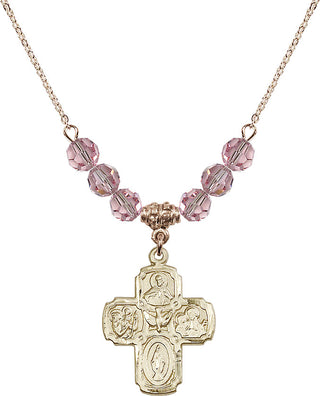 18" Hamilton Gold Plated Necklace with 4mm Light Rose Crystal Beads featuring a 14kt Gold Filled 5-Way Medal.