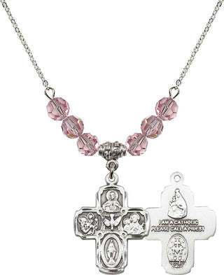 18" Rhodium Plated Necklace with 4mm Light Rose Crystal Beads featuring a Sterling Silver 5-Way Medal.
