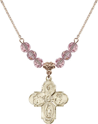 18" Hamilton Gold Plated Necklace with 4mm Light Rose Crystal Beads featuring a 14kt Gold Filled 4-Way Medal.