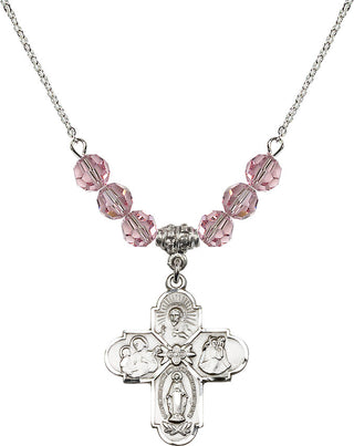 18" Rhodium Plated Necklace with 4mm Light Rose Crystal Beads featuring a Sterling Silver 4-Way Medal.