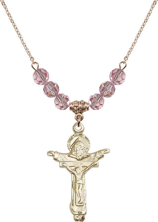 18" Hamilton Gold Plated Necklace with 4mm Light Rose Crystal Beads featuring a 14kt Gold Filled Trinity Crucifix Medal.