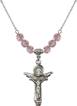 18" Rhodium Plated Necklace with 4mm Light Rose Crystal Beads featuring a Sterling Silver Trinity Crucifix Medal.