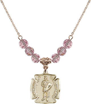 18" Hamilton Gold Plated Necklace with 4mm Light Rose Crystal Beads featuring a 14kt Gold Filled Saint Florian Medal. Engraved Catholic Saint Jewelry