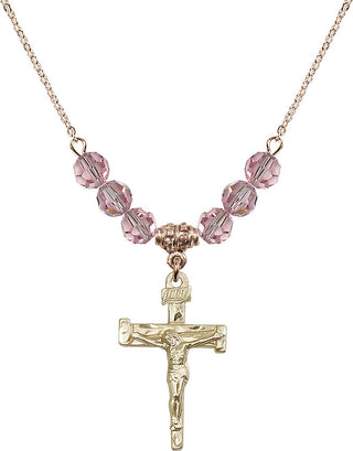 18" Hamilton Gold Plated Necklace with 4mm Light Rose Crystal Beads featuring a 14kt Gold Filled Nail Crucifix Medal.